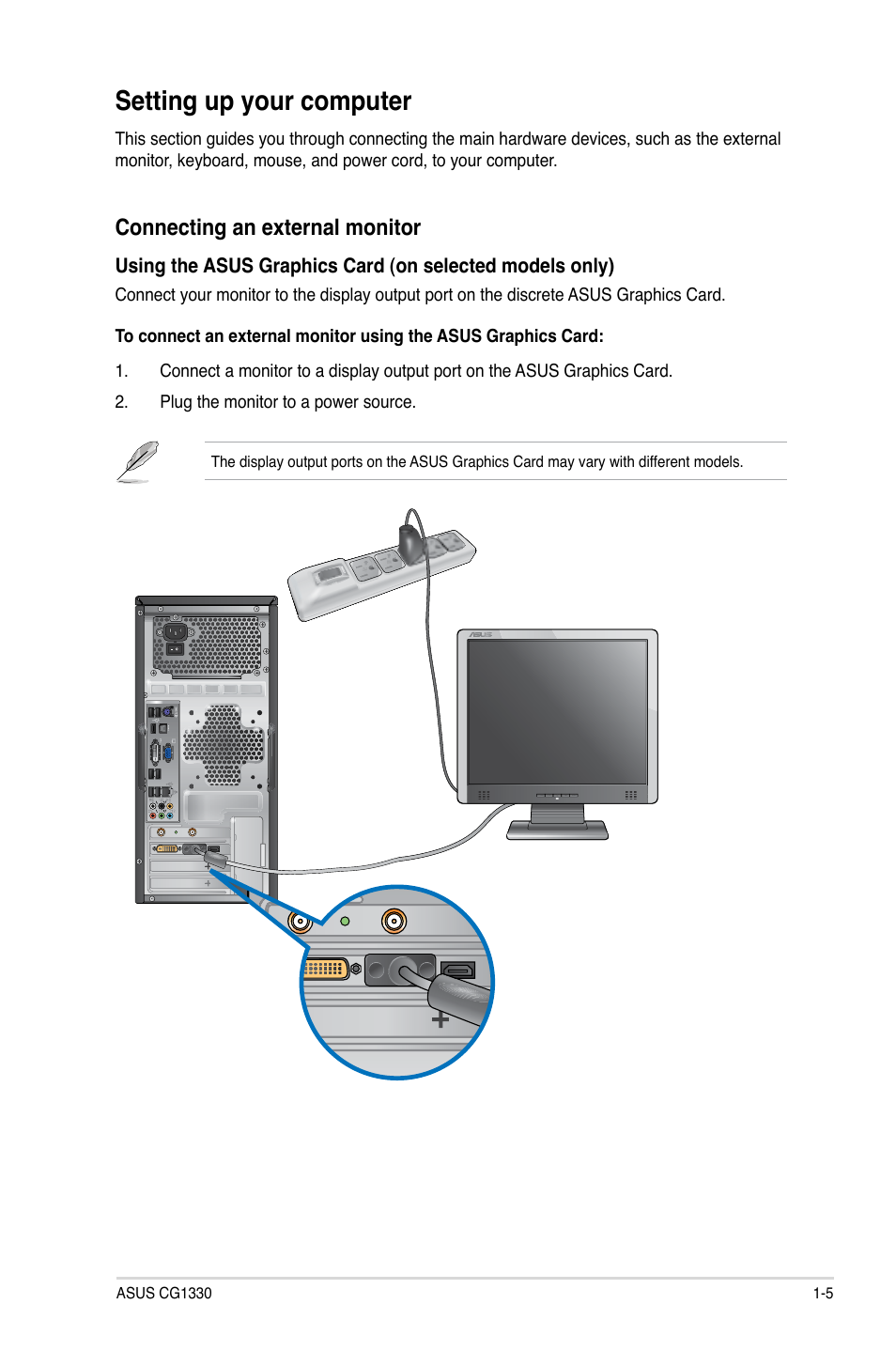 Setting up your computer, Connecting an external monitor | Asus CG1330 User Manual | Page 14 / 71