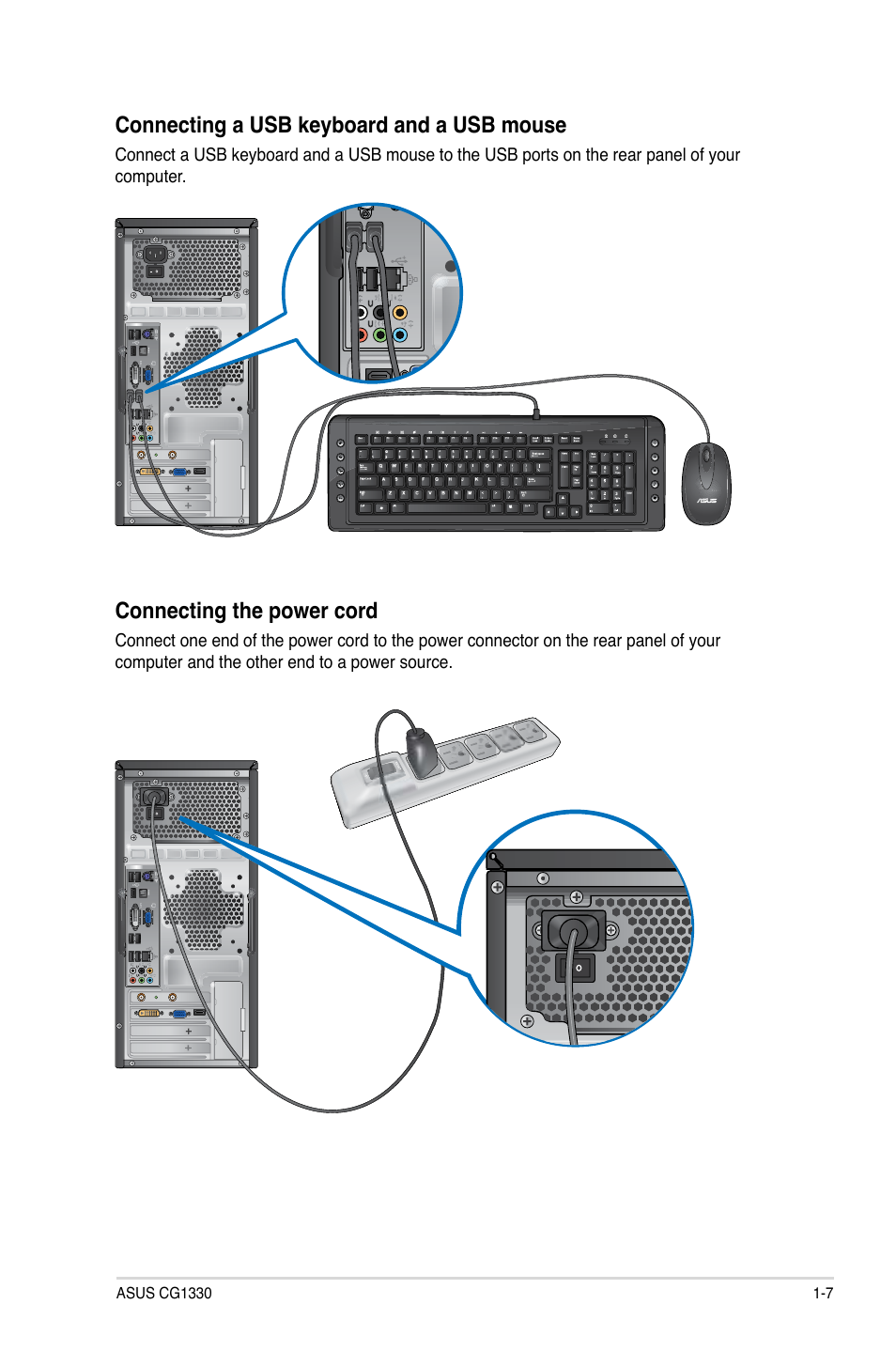 Connecting a usb keyboard and a usb mouse, Connecting the power cord | Asus CG1330 User Manual | Page 16 / 71