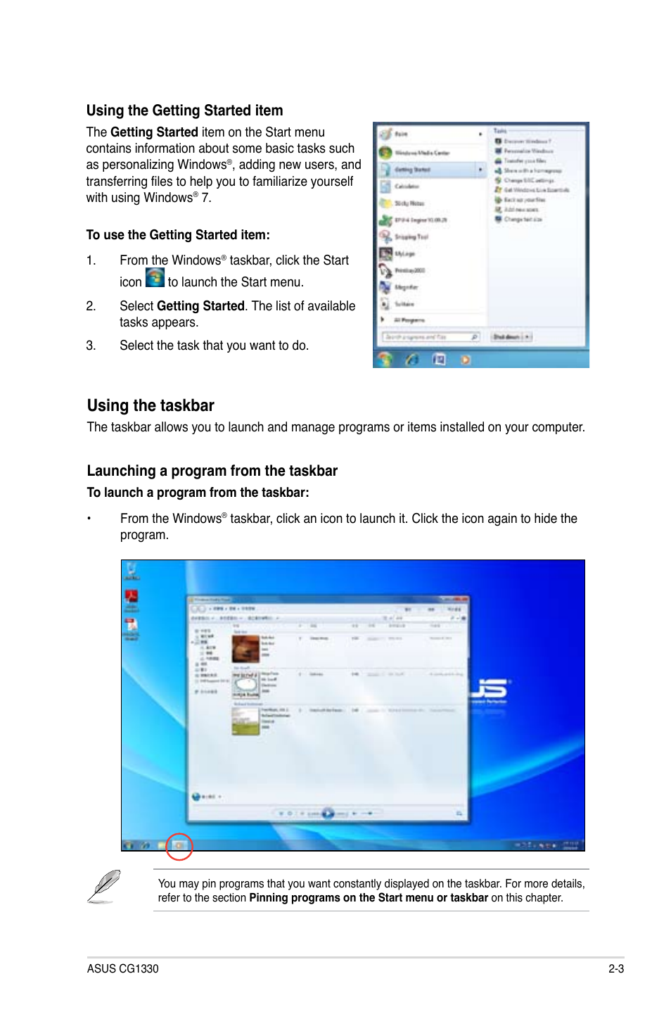 Using the taskbar | Asus CG1330 User Manual | Page 20 / 71