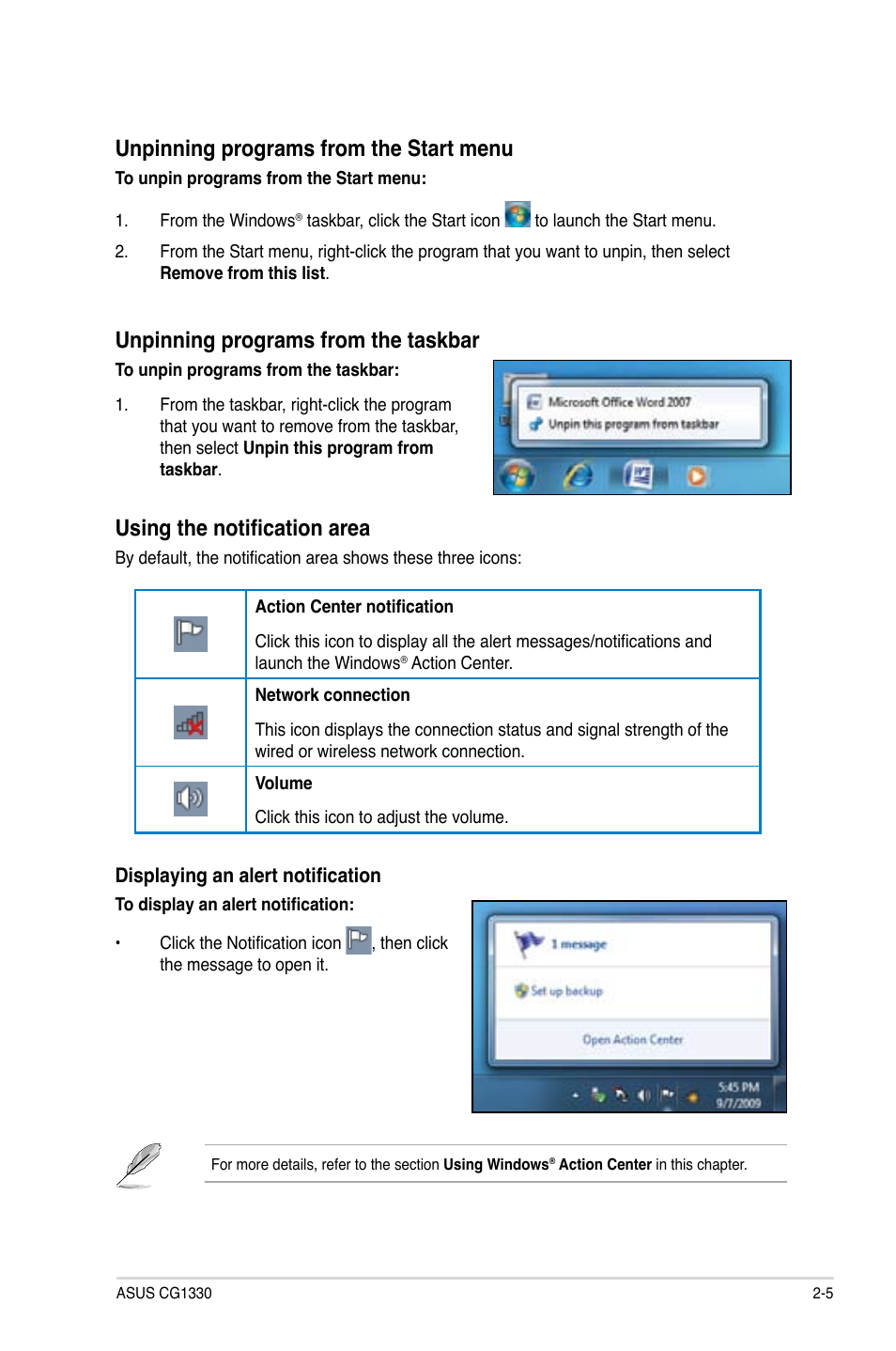 Unpinning programs from the start menu, Unpinning programs from the taskbar, Using the notification area | Asus CG1330 User Manual | Page 22 / 71