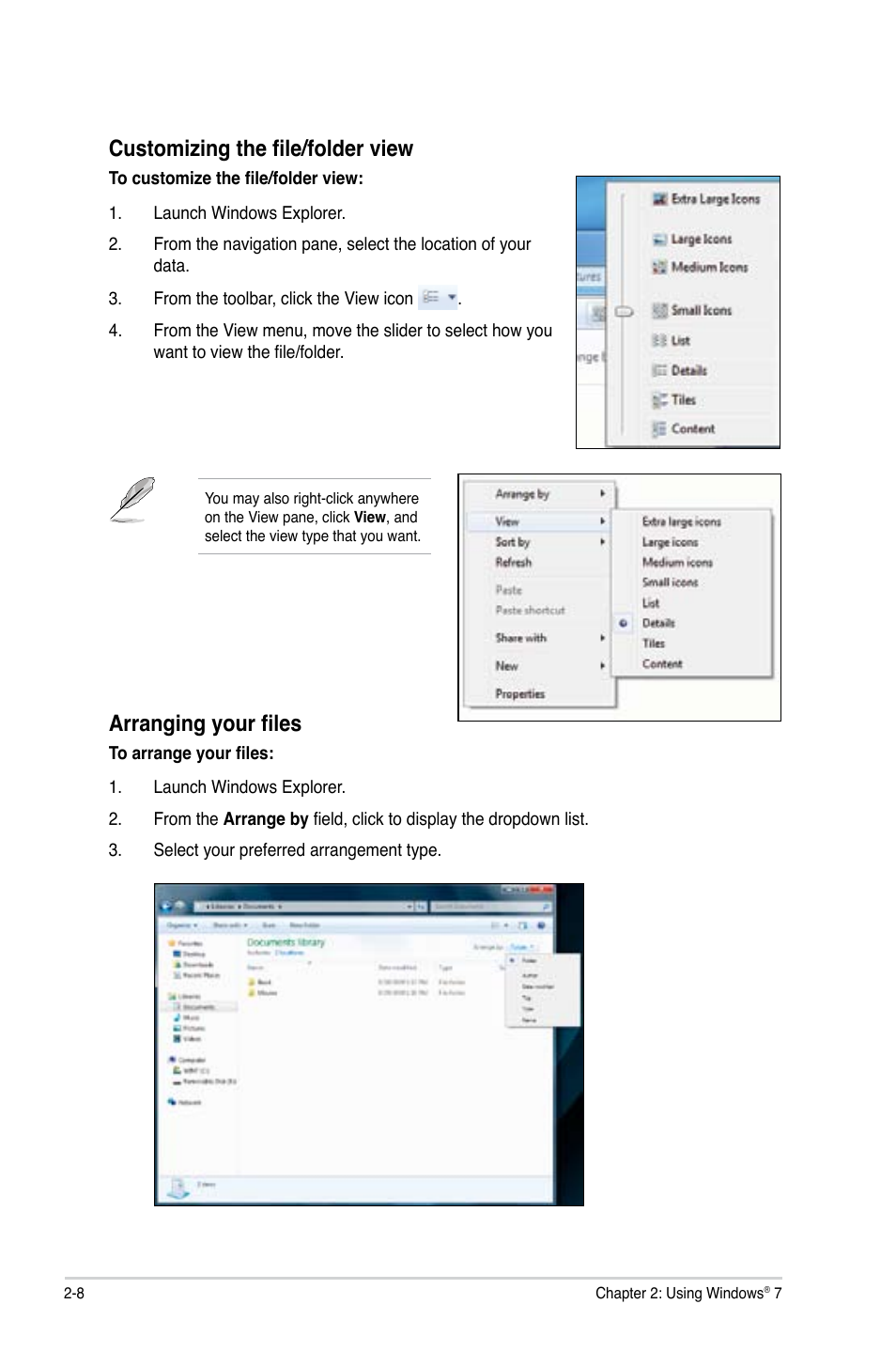 Customizing the file/folder view, Arranging your files | Asus CG1330 User Manual | Page 25 / 71