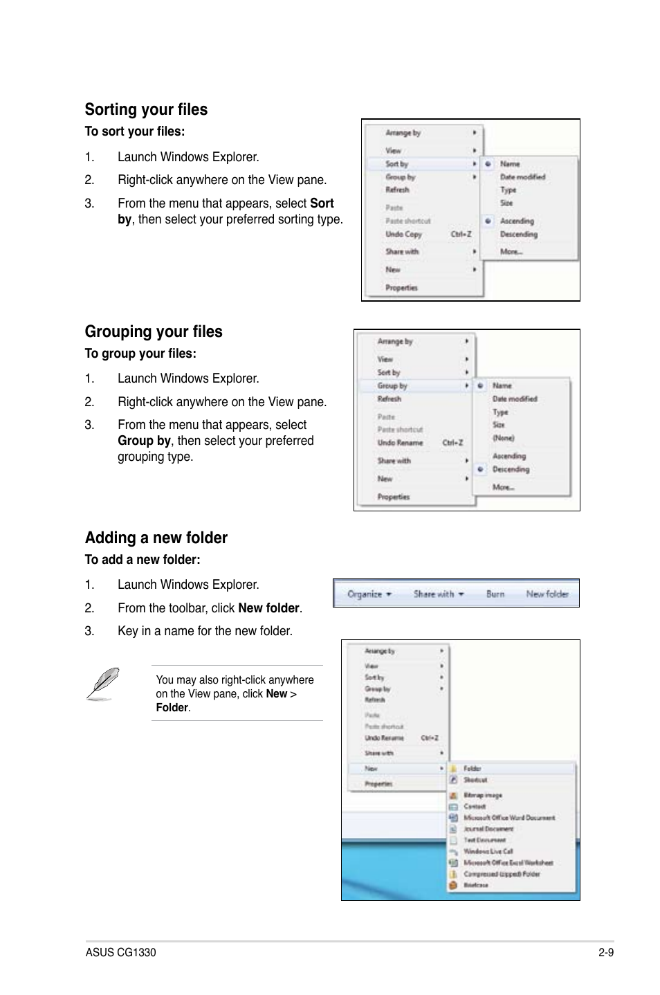 Sorting your files, Grouping your files, Adding a new folder | Asus CG1330 User Manual | Page 26 / 71