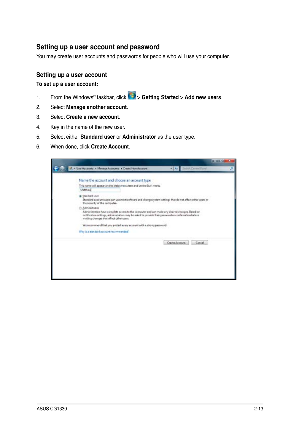 Setting up a user account and password | Asus CG1330 User Manual | Page 30 / 71