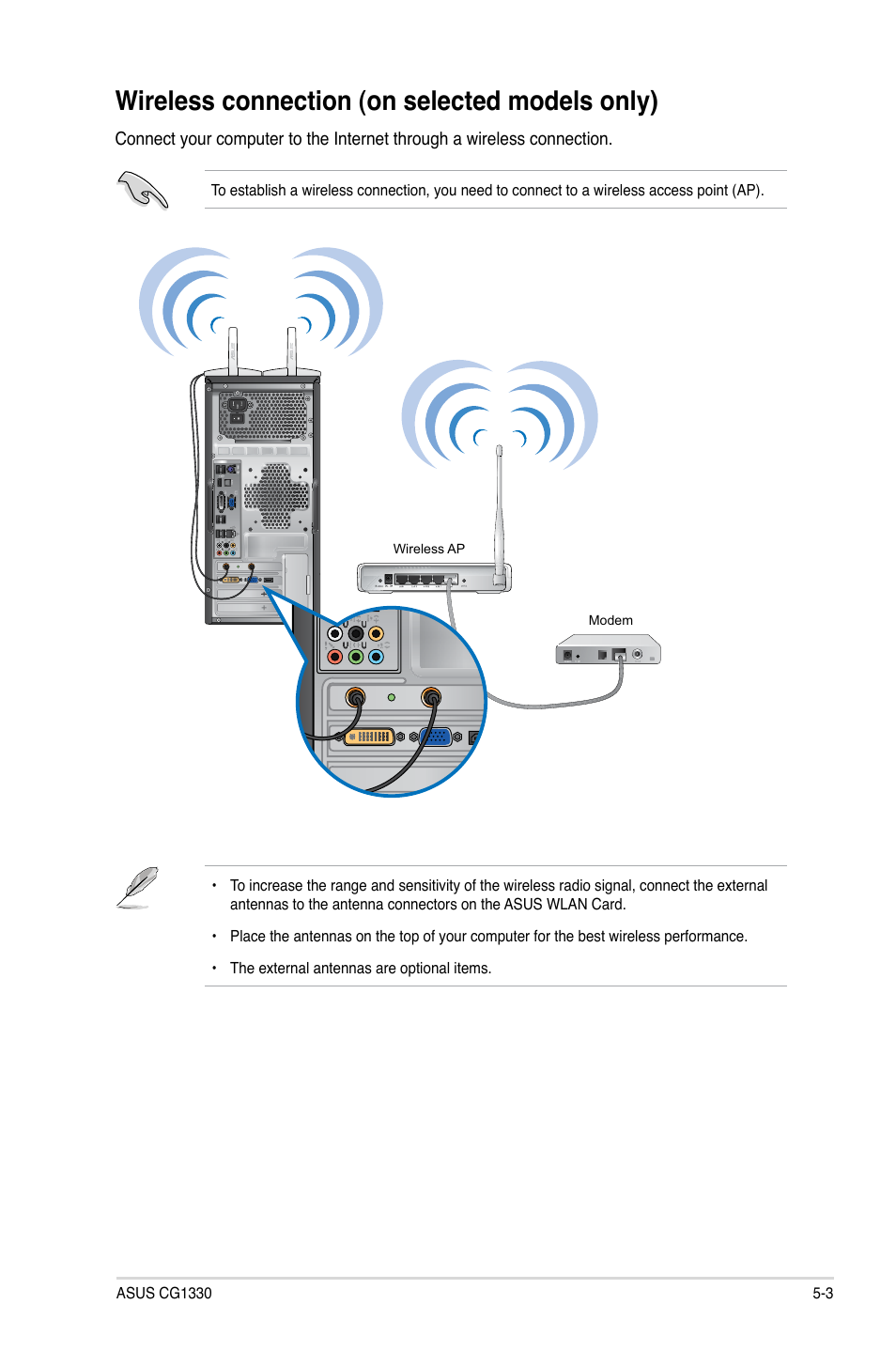 Wireless connection (on selected models only) | Asus CG1330 User Manual | Page 48 / 71