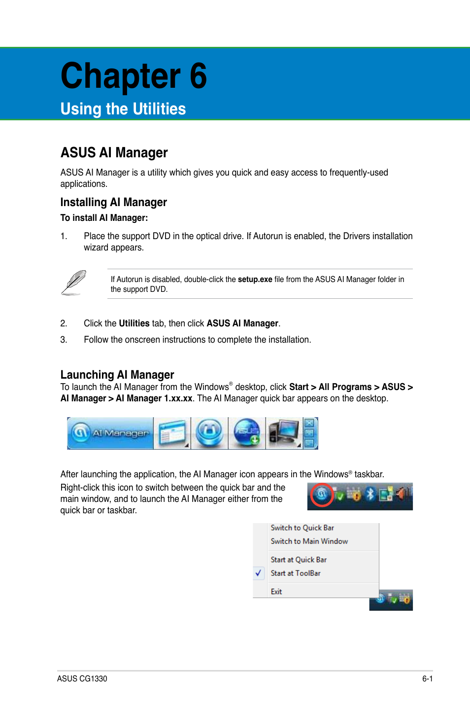 Chapter 6, Using the utilities, Asus ai manager | Asus CG1330 User Manual | Page 51 / 71