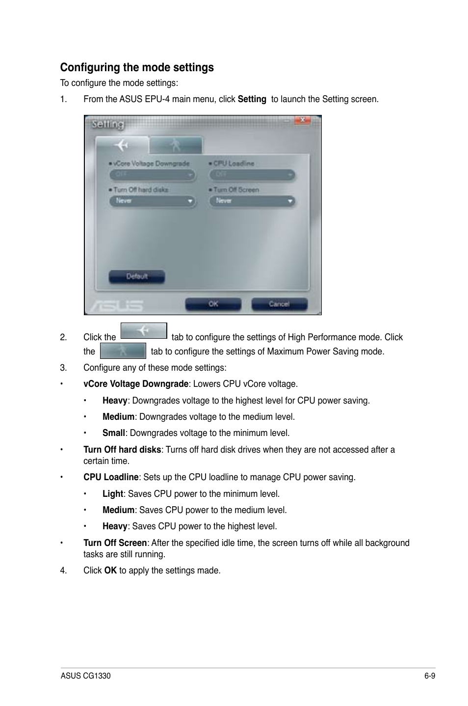 Configuring the mode settings | Asus CG1330 User Manual | Page 59 / 71