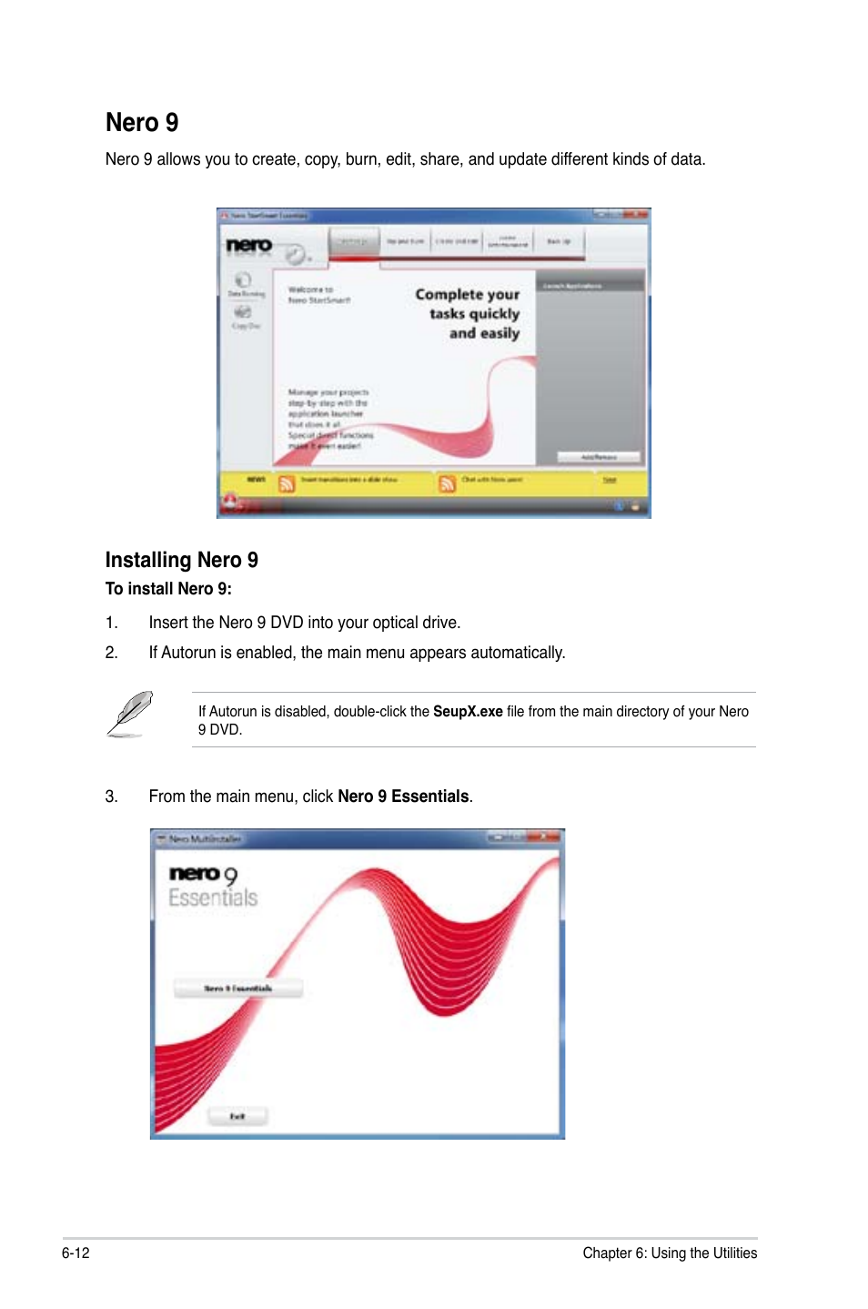 Nero 9, Installing nero 9 | Asus CG1330 User Manual | Page 62 / 71