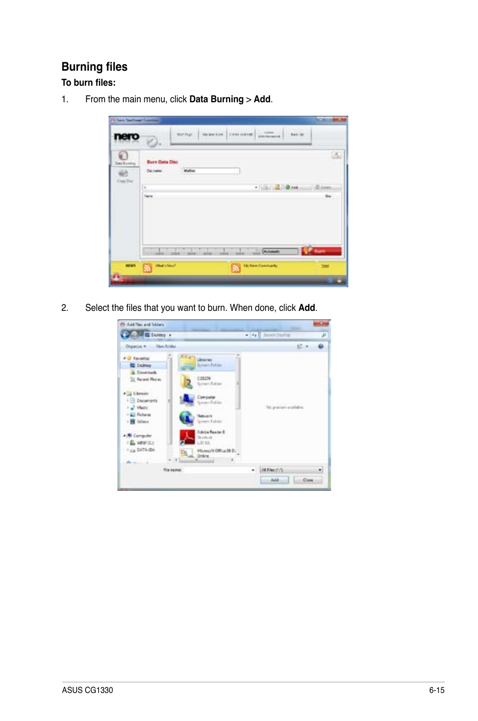 Burning files | Asus CG1330 User Manual | Page 65 / 71