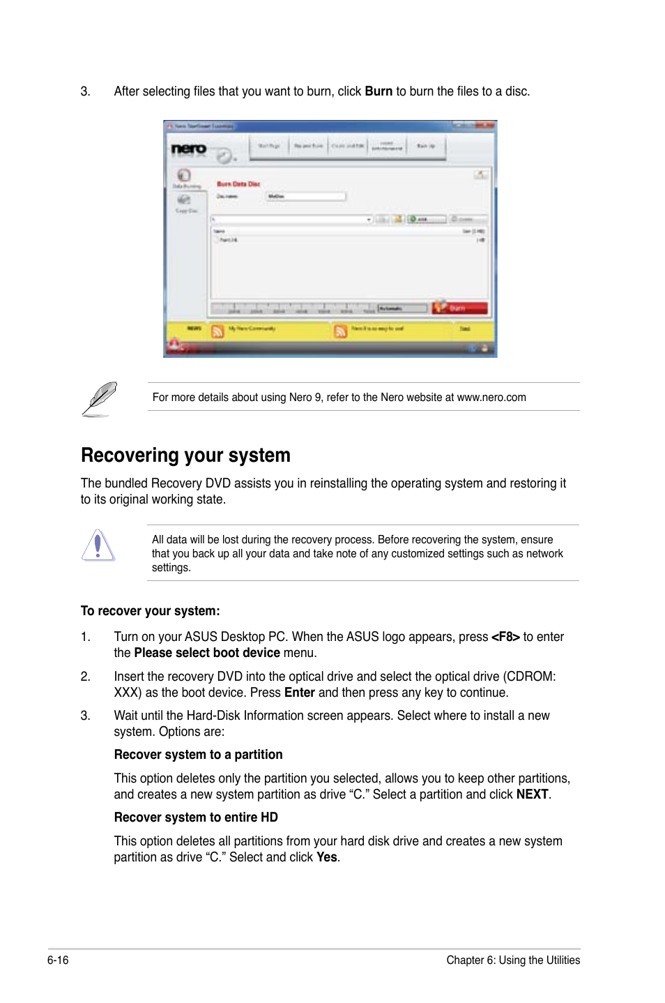 Recovering your system | Asus CG1330 User Manual | Page 66 / 71