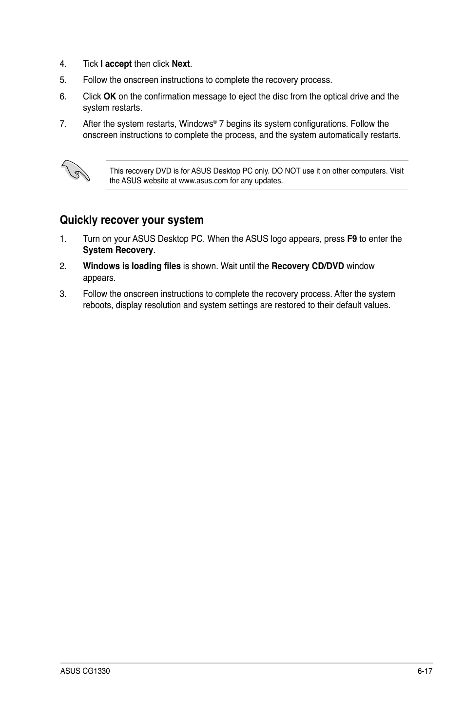 Quickly recover your system | Asus CG1330 User Manual | Page 67 / 71