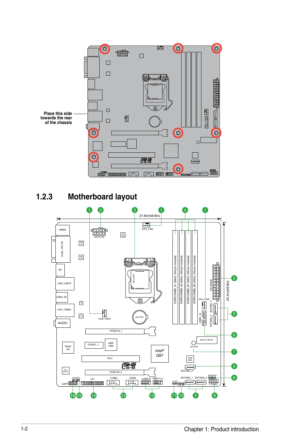 3 motherboard layout, Chapter 1: product introduction, Place this side towards the rear of the chassis | Cs-b | Asus CS-B User Manual | Page 10 / 77