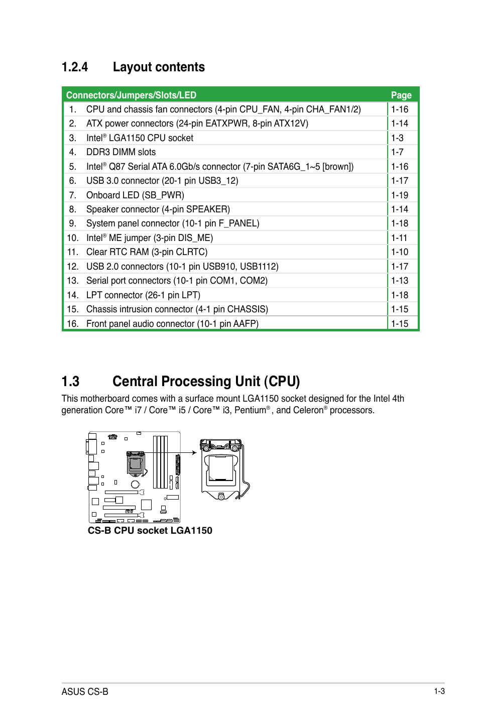 3 central processing unit (cpu), 4 layout contents | Asus CS-B User Manual | Page 11 / 77