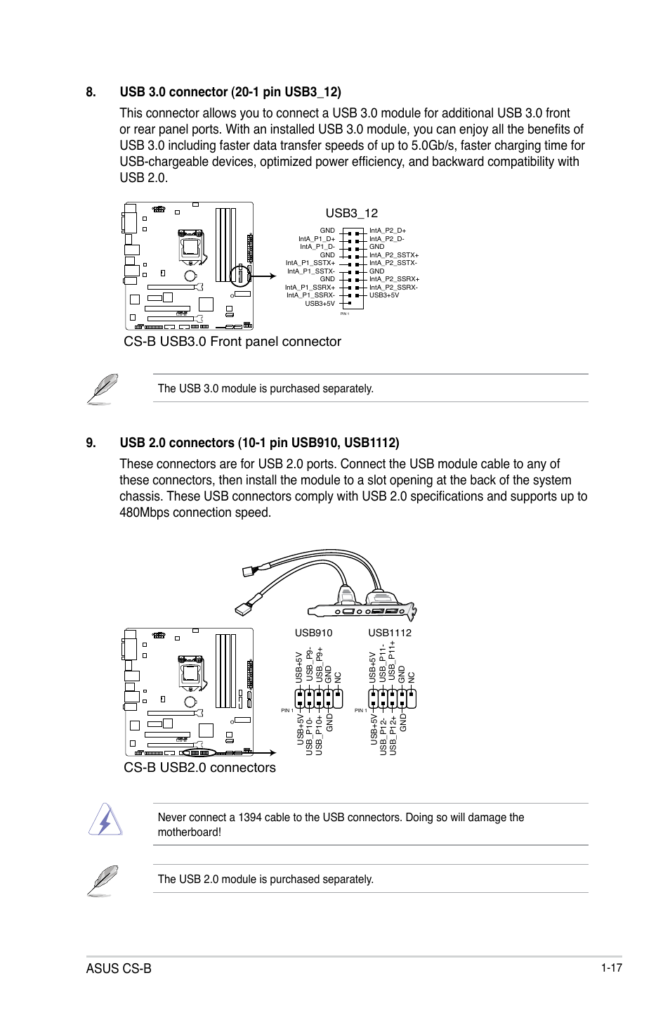 Asus cs-b, Cs-b usb3.0 front panel connector, Cs-b usb2.0 connectors | Usb3_12, The usb 3.0 module is purchased separately | Asus CS-B User Manual | Page 25 / 77