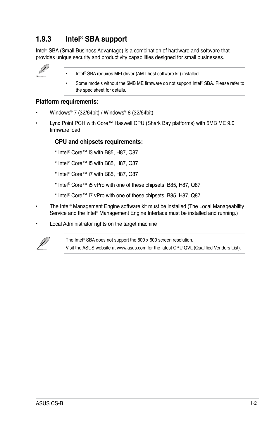 3 intel, Sba support, Platform requirements | Cpu and chipsets requirements | Asus CS-B User Manual | Page 29 / 77