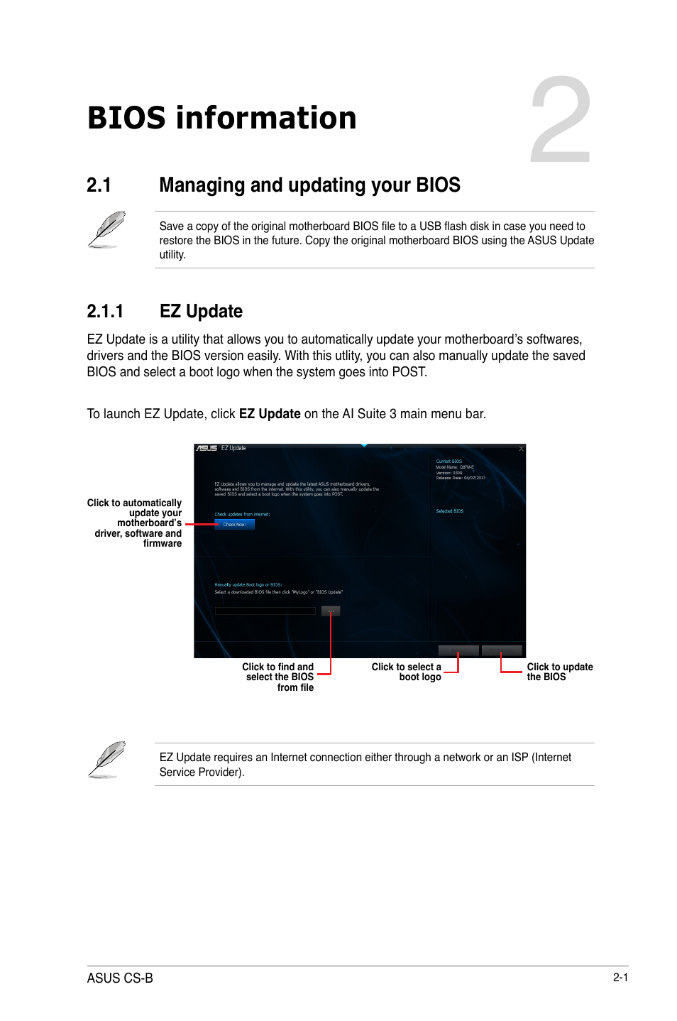 Bios information, 1 managing and updating your bios | Asus CS-B User Manual | Page 31 / 77