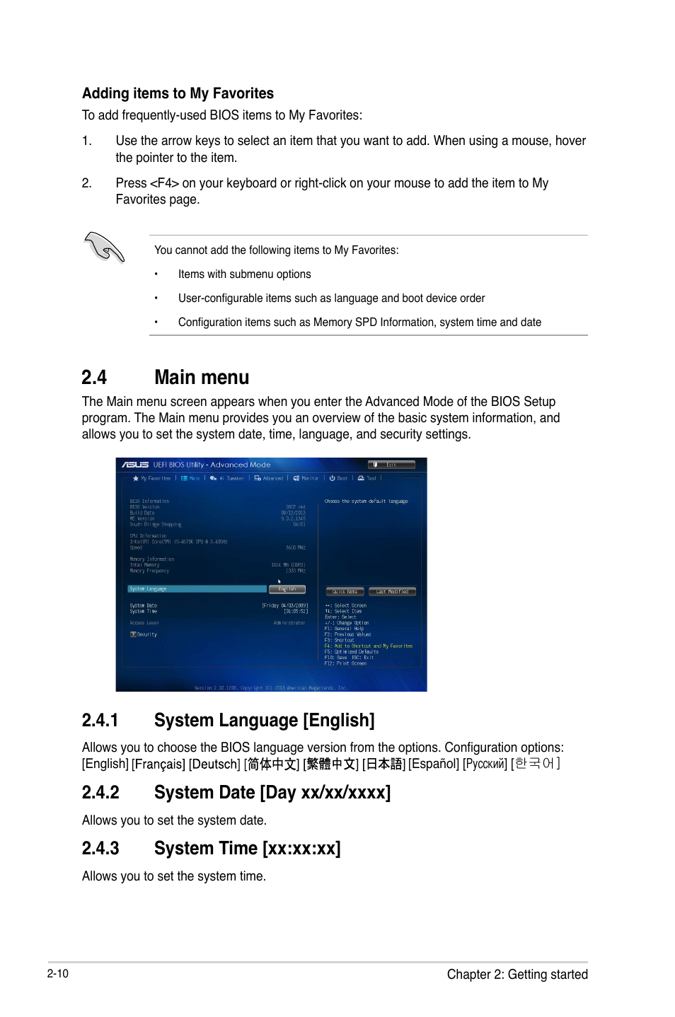 4 main menu, 1 system language [english, 3 system time [xx:xx:xx | Asus CS-B User Manual | Page 40 / 77