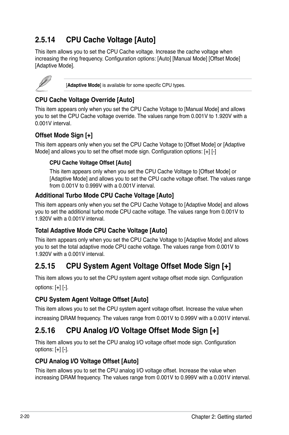 14 cpu cache voltage [auto, 15 cpu system agent voltage offset mode sign, 16 cpu analog i/o voltage offset mode sign | Asus CS-B User Manual | Page 50 / 77