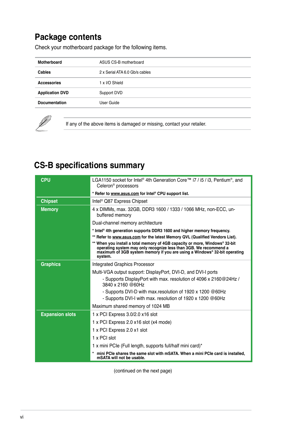 Package contents, Cs-b specifications summary | Asus CS-B User Manual | Page 6 / 77