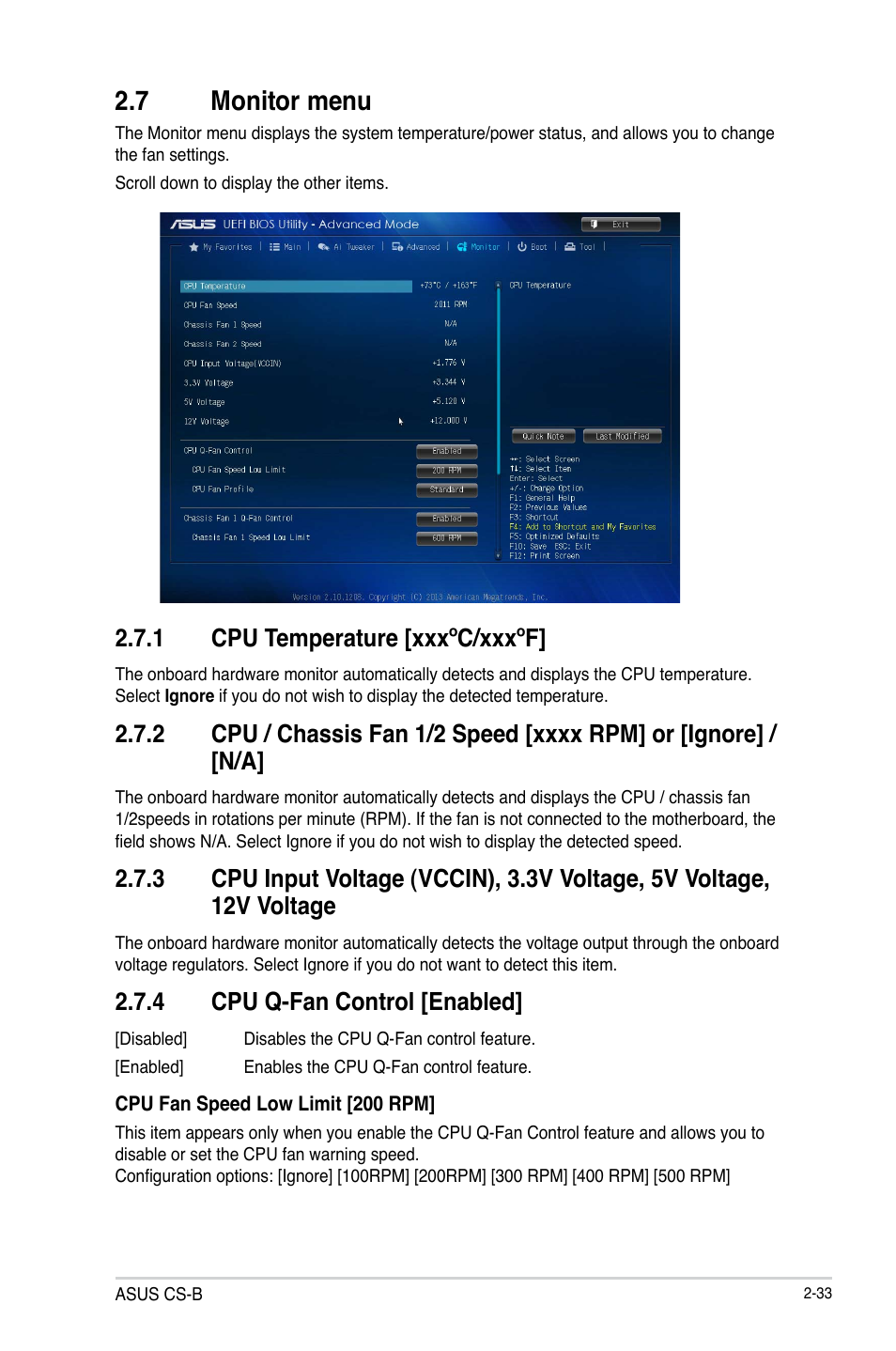 7 monitor menu, 1 cpu temperature [xxxºc/xxxºf, 4 cpu q-fan control [enabled | Asus CS-B User Manual | Page 63 / 77