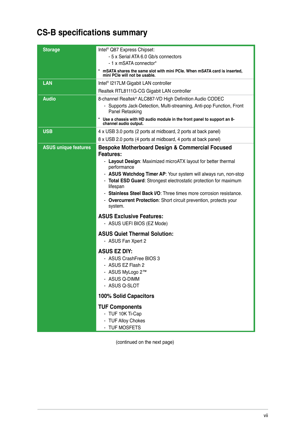 Cs-b specifications summary | Asus CS-B User Manual | Page 7 / 77