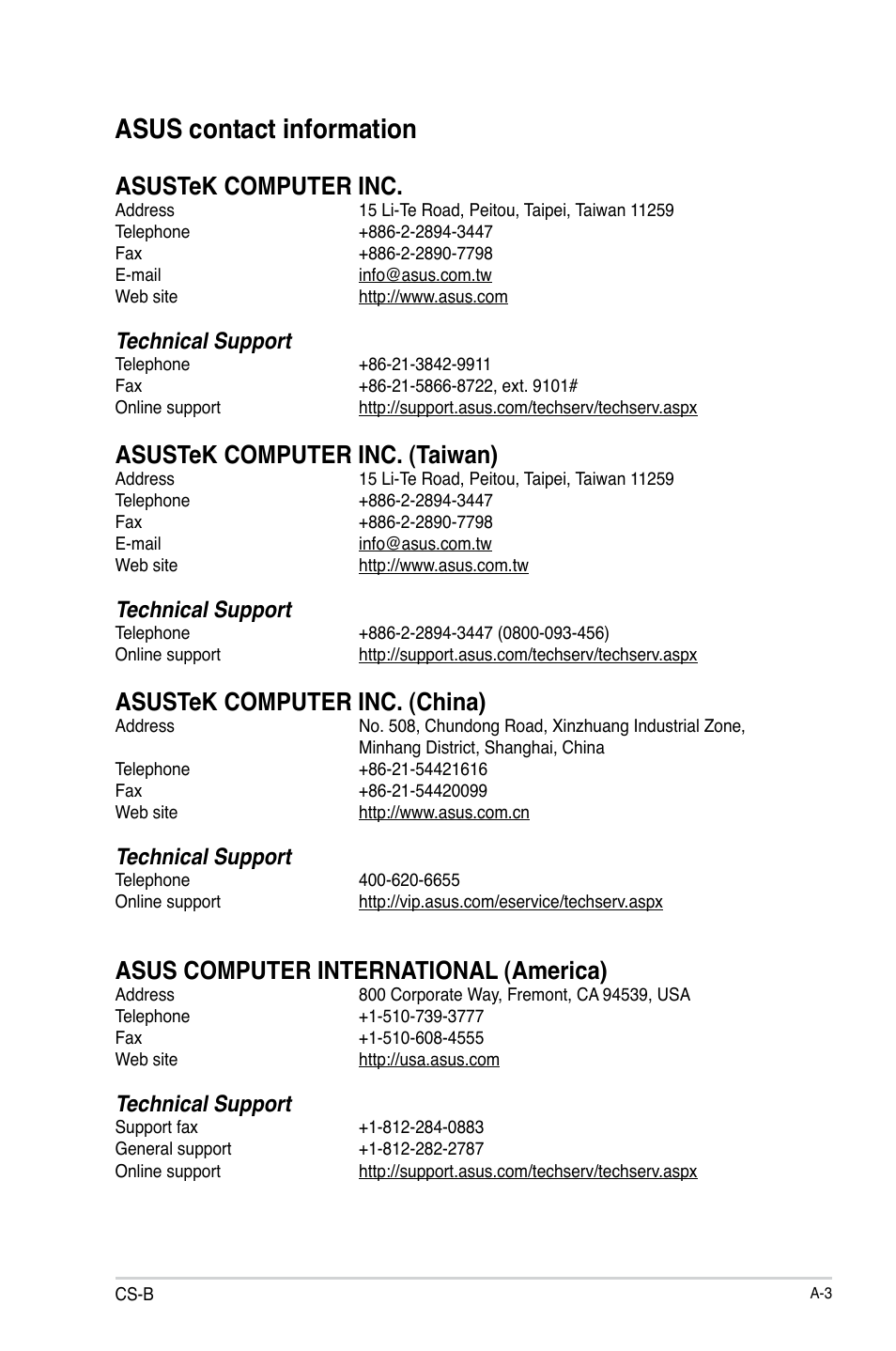 Asus contact information, Asustek computer inc, Asustek computer inc. (taiwan) | Asustek computer inc. (china), Asus computer international (america), Technical support | Asus CS-B User Manual | Page 75 / 77