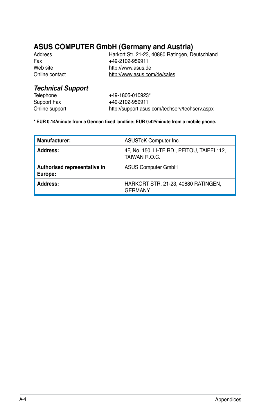 Asus computer gmbh (germany and austria), Technical support | Asus CS-B User Manual | Page 76 / 77