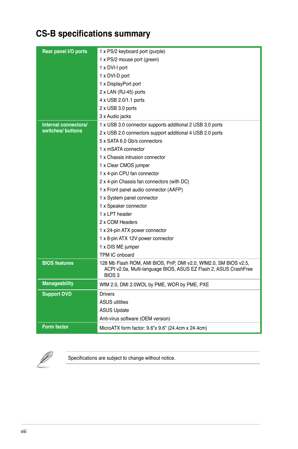 Cs-b specifications summary | Asus CS-B User Manual | Page 8 / 77