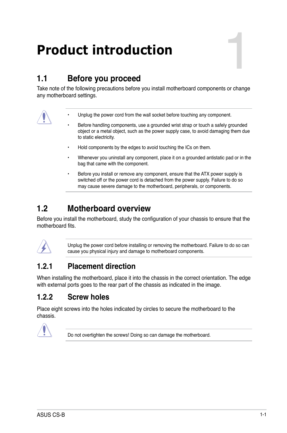 Product introduction, 1 before you proceed, 2 motherboard overview | Asus CS-B User Manual | Page 9 / 77