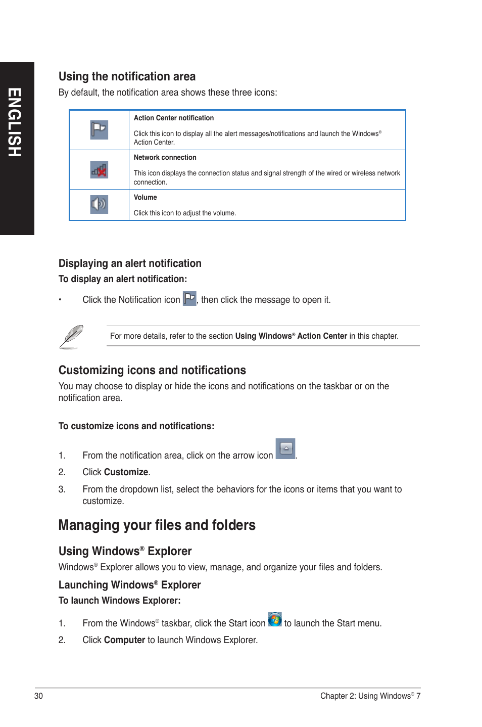 En gl is h en gl is h en gl is h en gl is h, Managing your files and folders | Asus BM6620 User Manual | Page 30 / 70