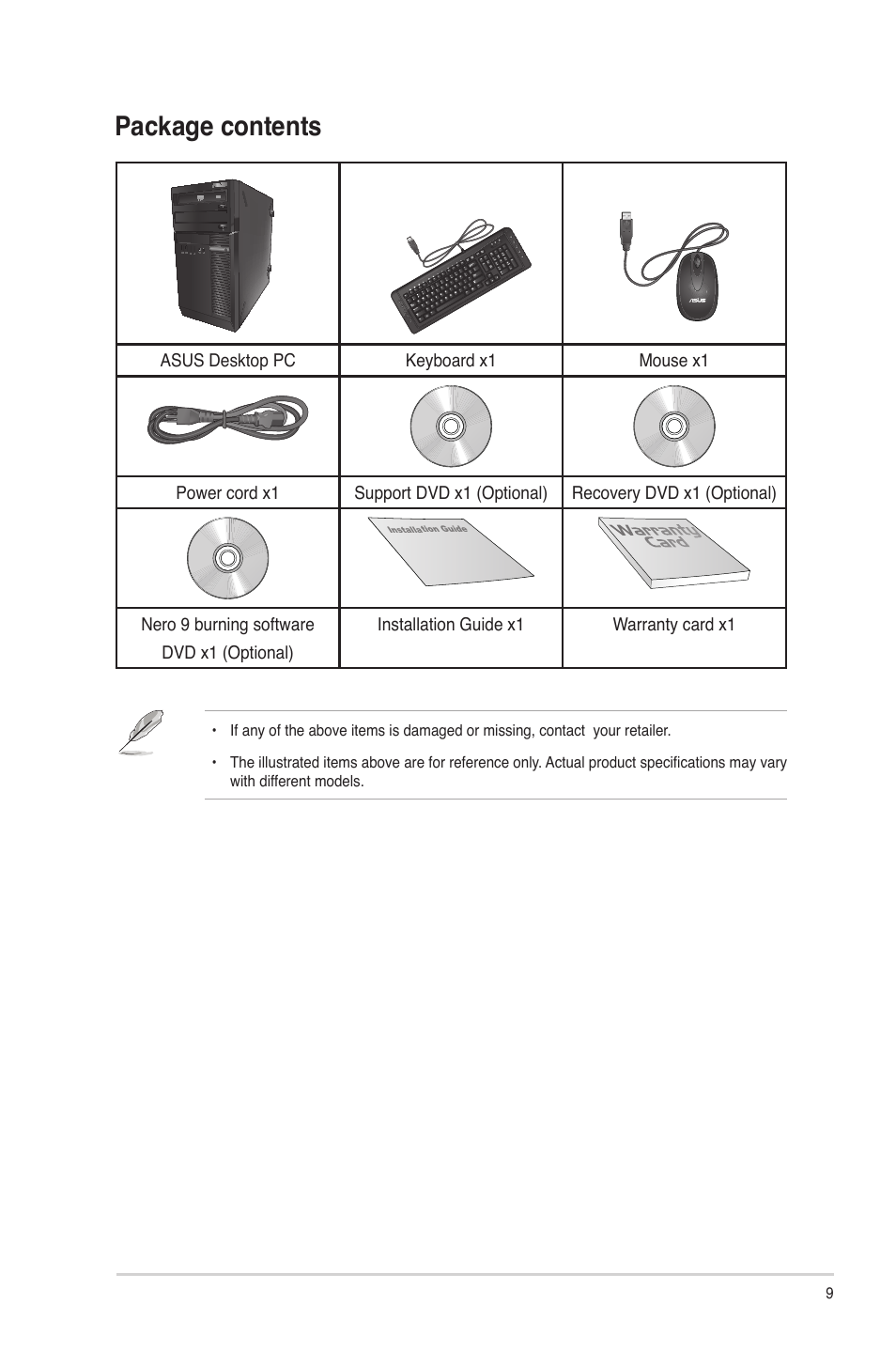 Package contents | Asus BM6620 User Manual | Page 9 / 70