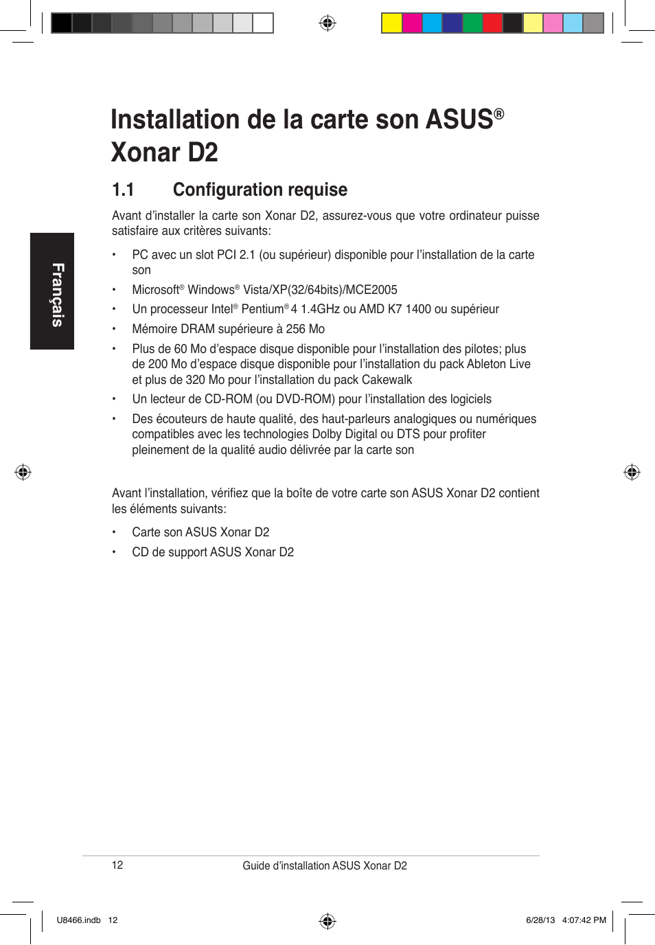 Installation de la carte son asus, Xonar d2, 1 configuration requise | Français | Asus Xonar D2/PM User Manual | Page 13 / 82