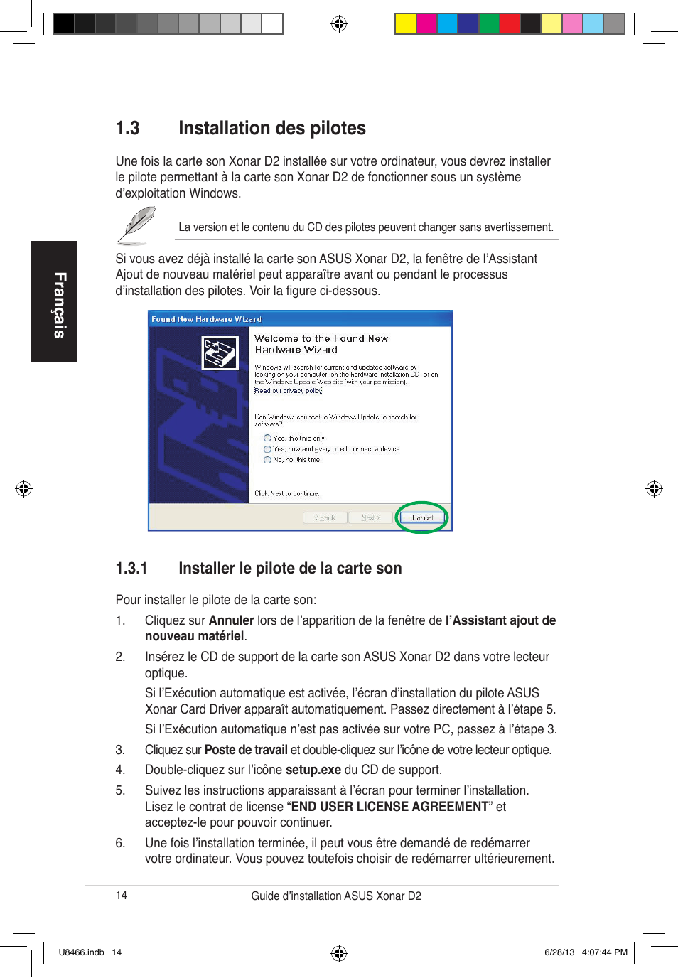 3 installation des pilotes, Français, 1 installer le pilote de la carte son | Asus Xonar D2/PM User Manual | Page 15 / 82