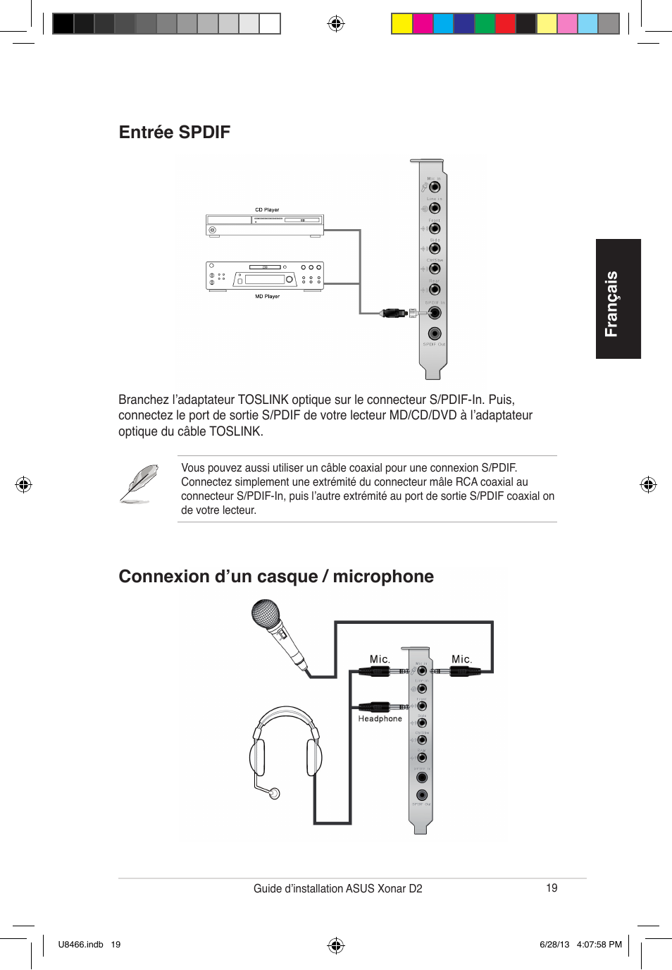 Entrée spdif, Connexion d’un casque / microphone, Français | Asus Xonar D2/PM User Manual | Page 20 / 82