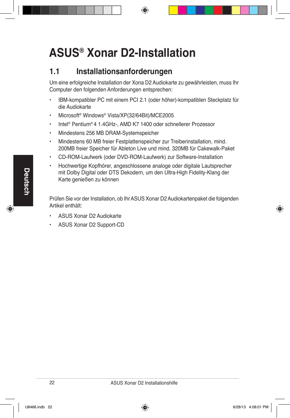 Asus, Xonar d2-installation, 1 installationsanforderungen | Deutsch | Asus Xonar D2/PM User Manual | Page 23 / 82
