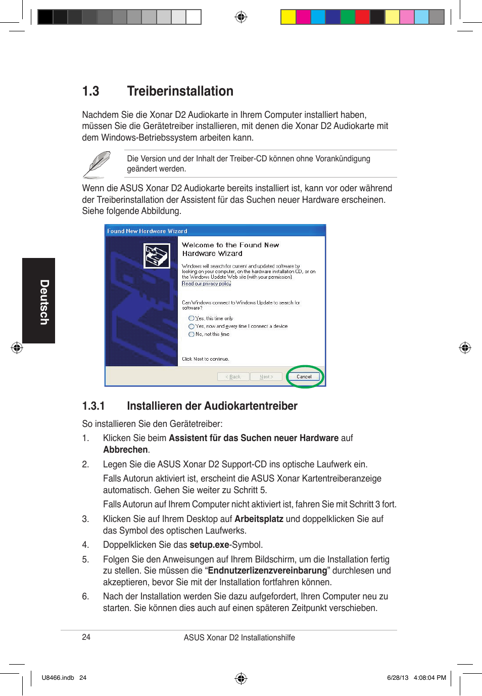 3 treiberinstallation, Deutsch, 1 installieren der audiokartentreiber | Asus Xonar D2/PM User Manual | Page 25 / 82