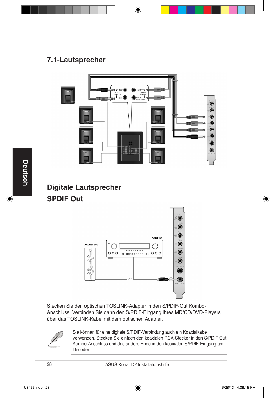 Digitale lautsprecher 7.1-lautsprecher spdif out, Deutsch | Asus Xonar D2/PM User Manual | Page 29 / 82