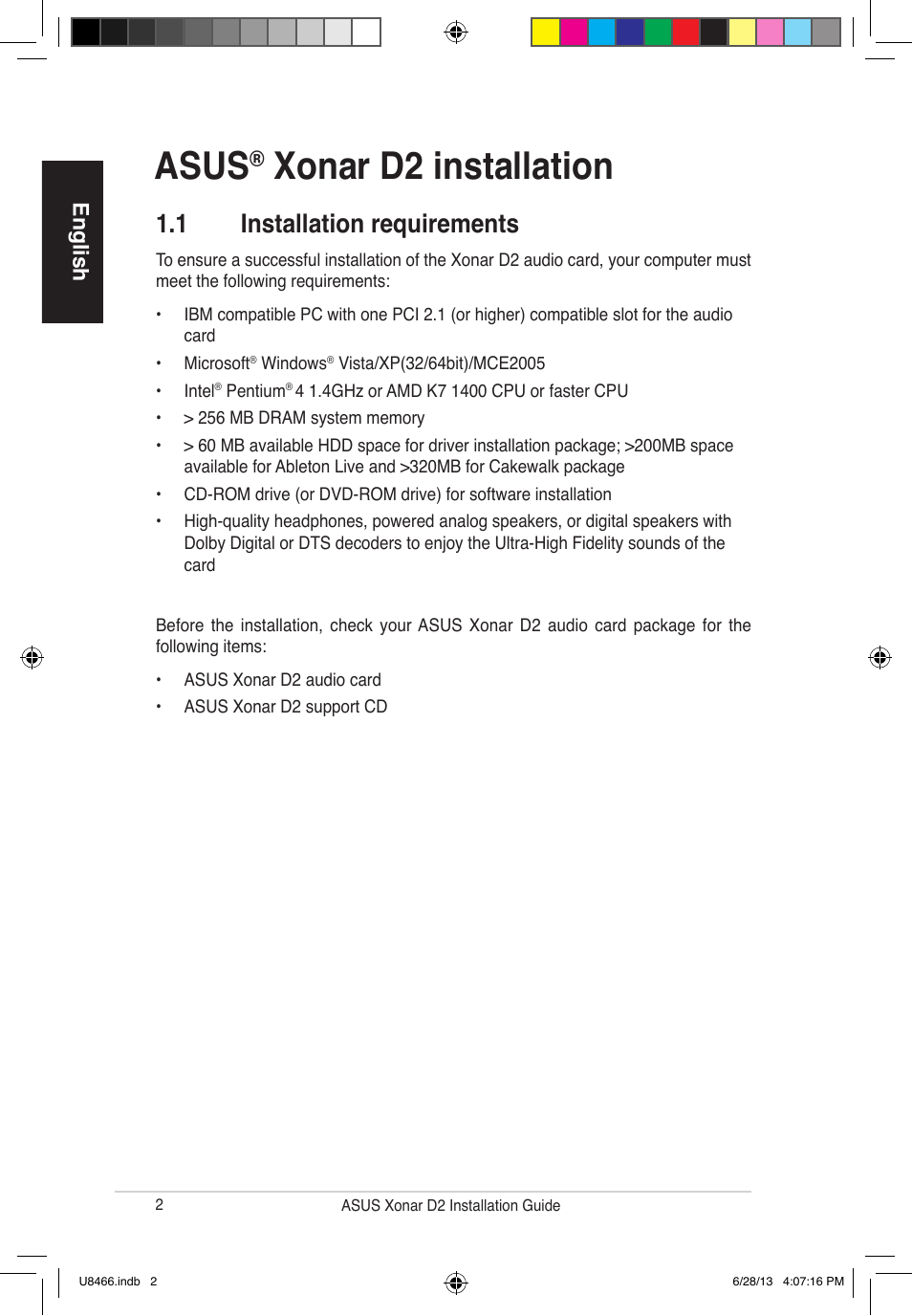 Asus, Xonar d2 installation, 1 installation requirements | English | Asus Xonar D2/PM User Manual | Page 3 / 82