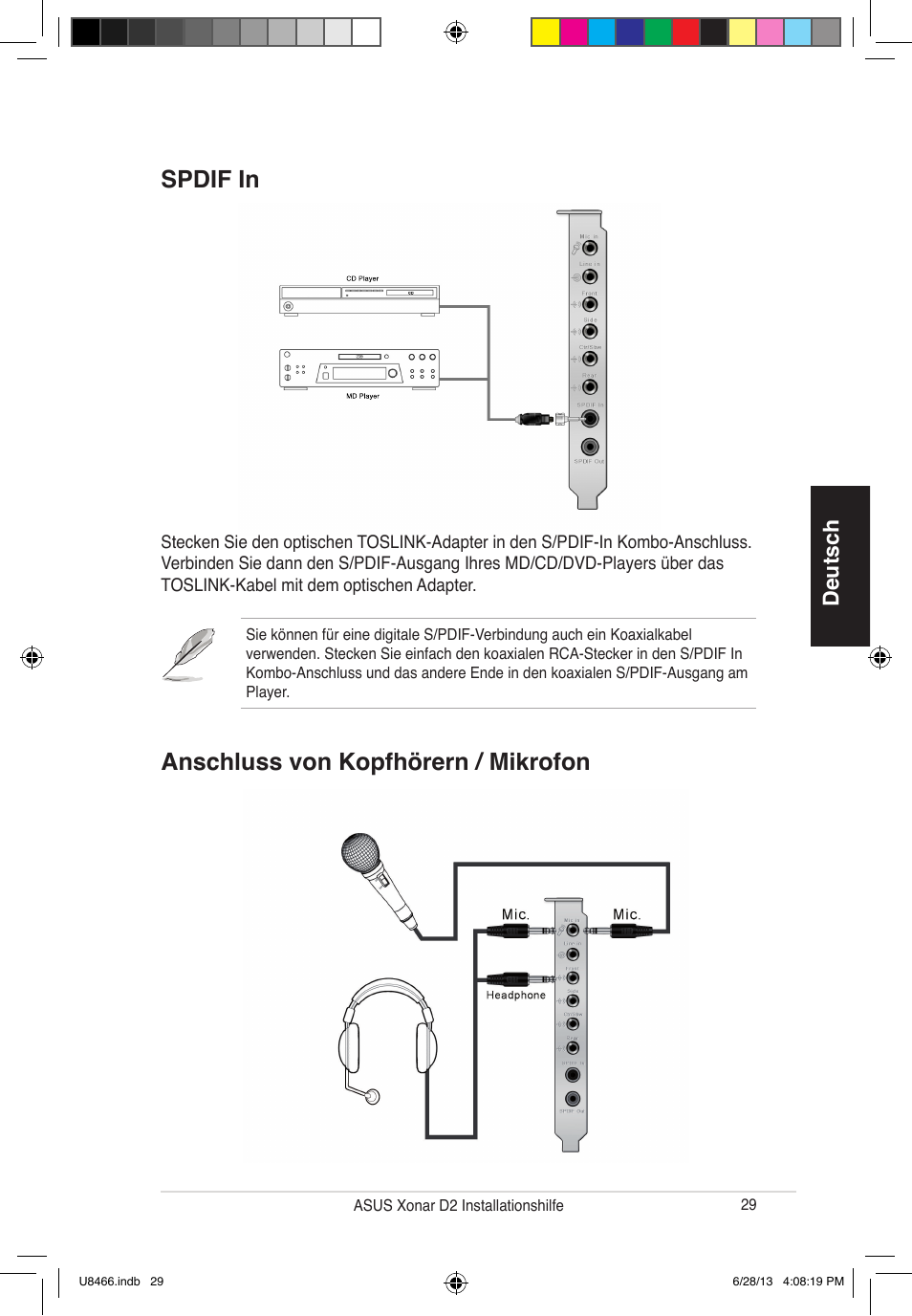 Spdif in anschluss von kopfhörern / mikrofon, Deutsch | Asus Xonar D2/PM User Manual | Page 30 / 82