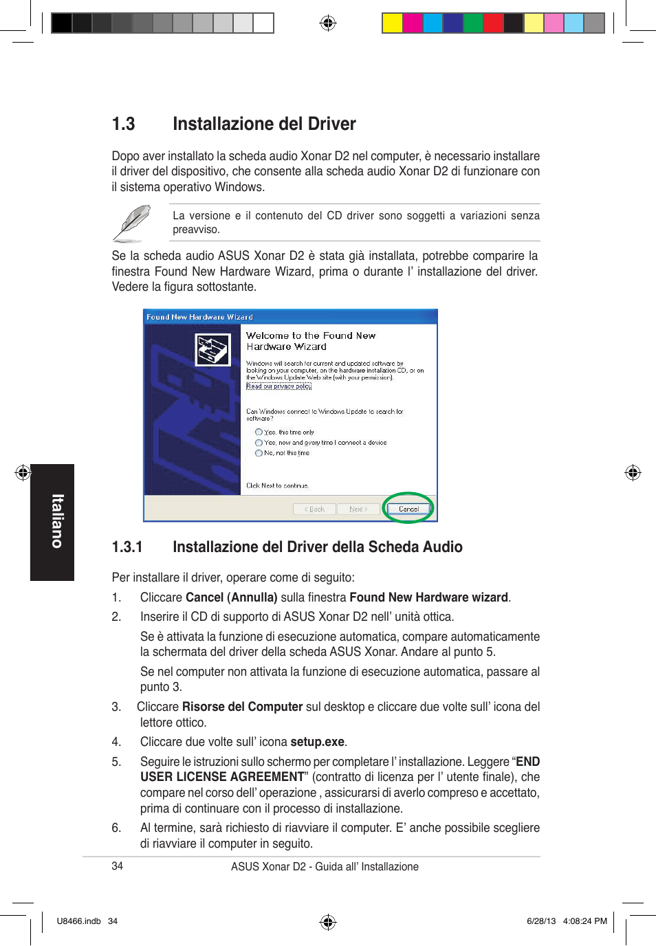 3 installazione del driver, Italiano, 1 installazione del driver della scheda audio | Asus Xonar D2/PM User Manual | Page 35 / 82