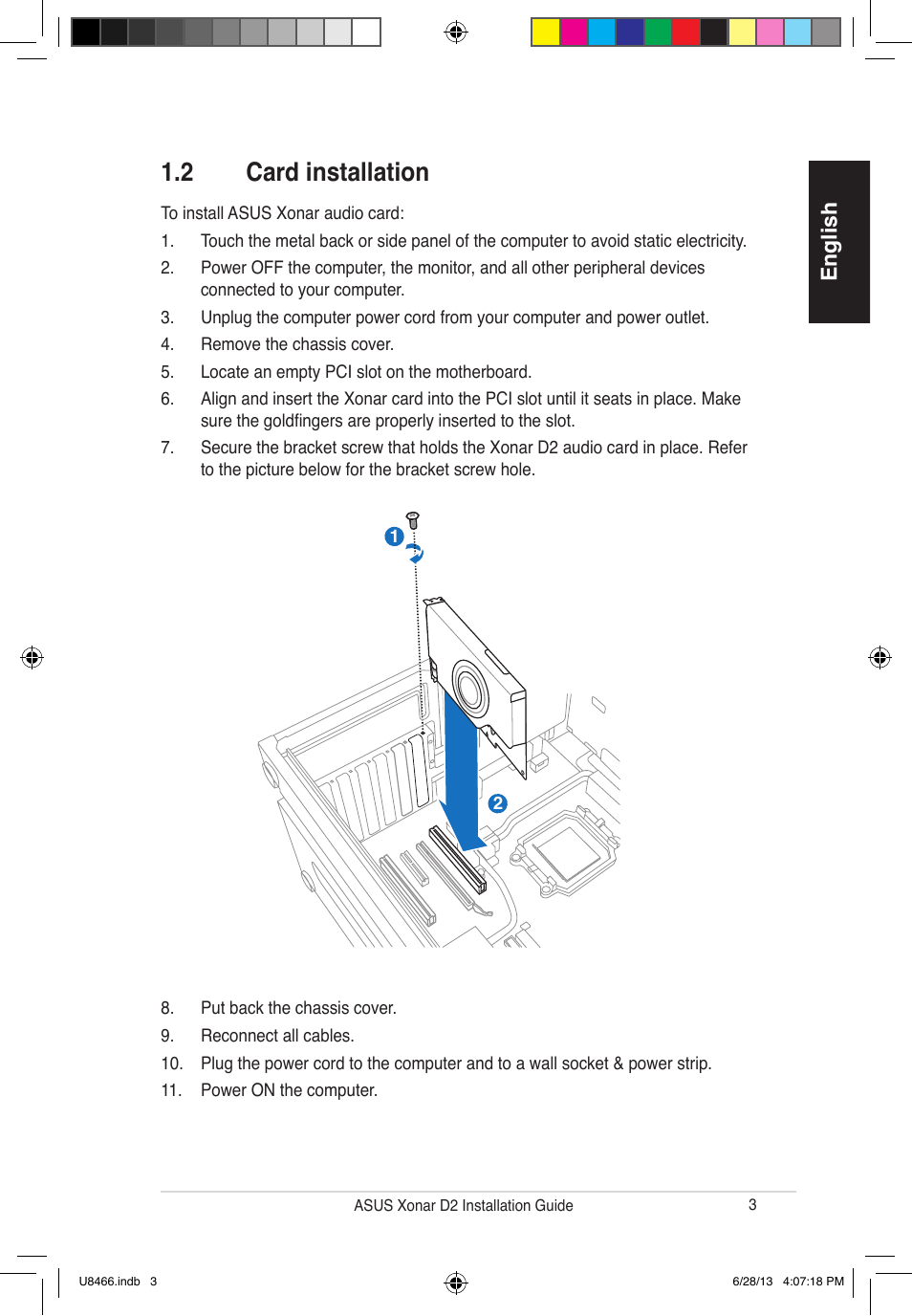 2 card installation, English | Asus Xonar D2/PM User Manual | Page 4 / 82