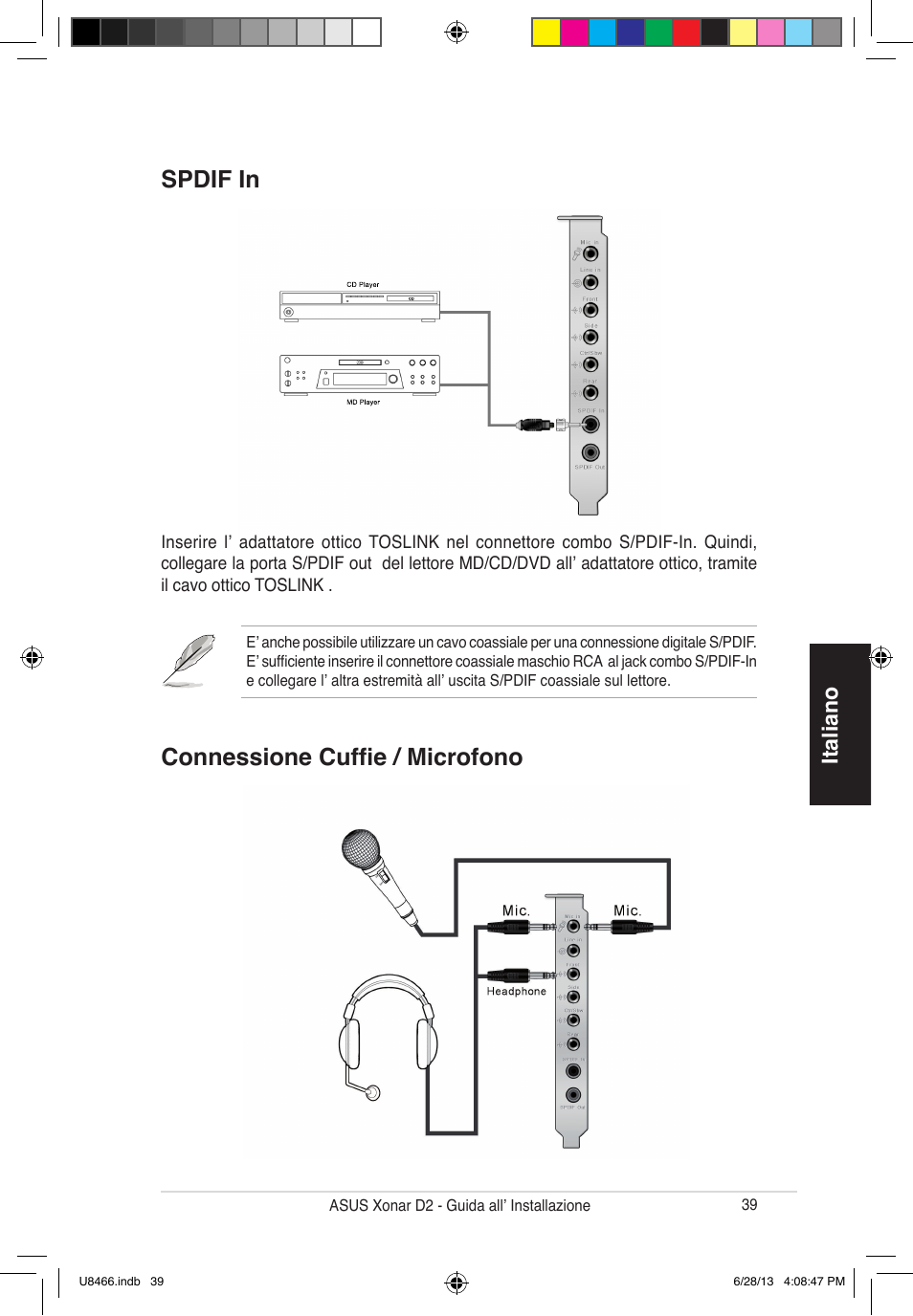 Spdif in connessione cuffie / microfono, Italiano | Asus Xonar D2/PM User Manual | Page 40 / 82