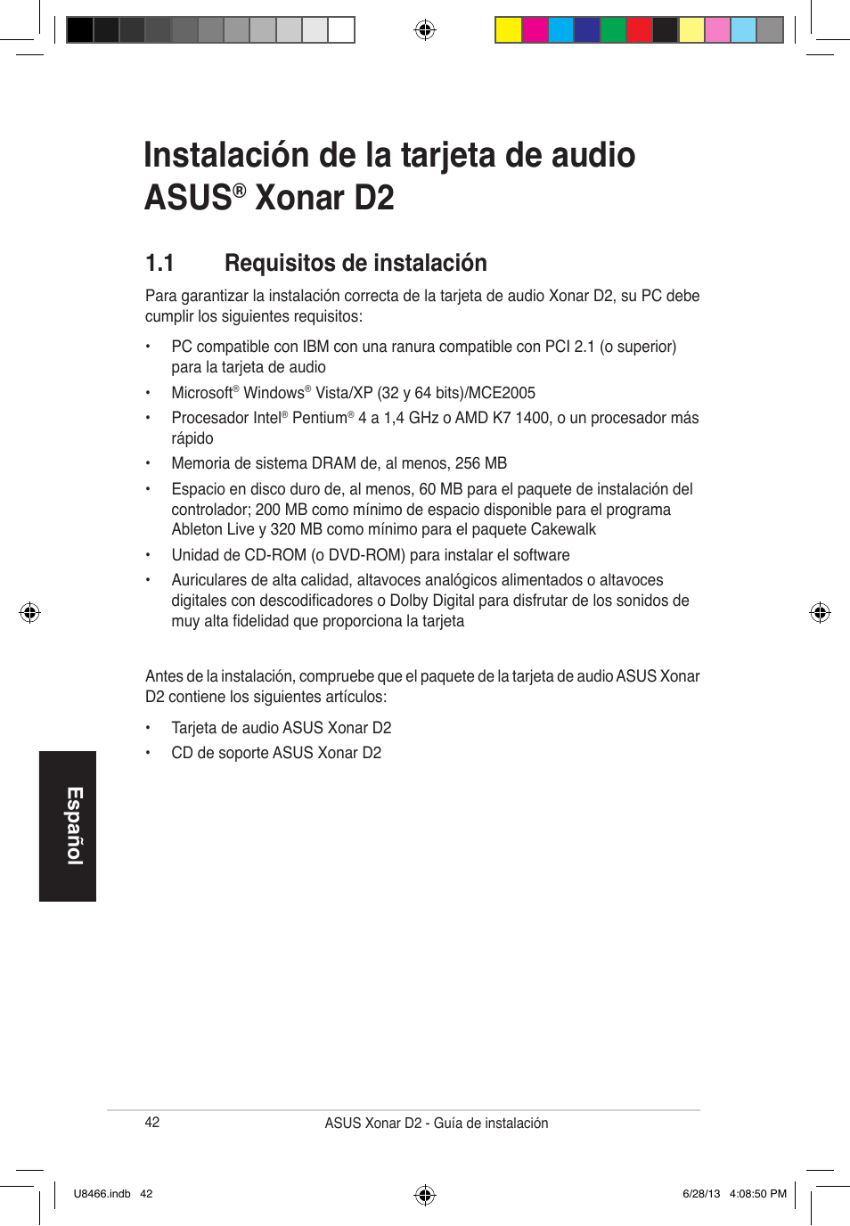 Instalación de la tarjeta de audio asus, Xonar d2, 1 requisitos de instalación | Español | Asus Xonar D2/PM User Manual | Page 43 / 82