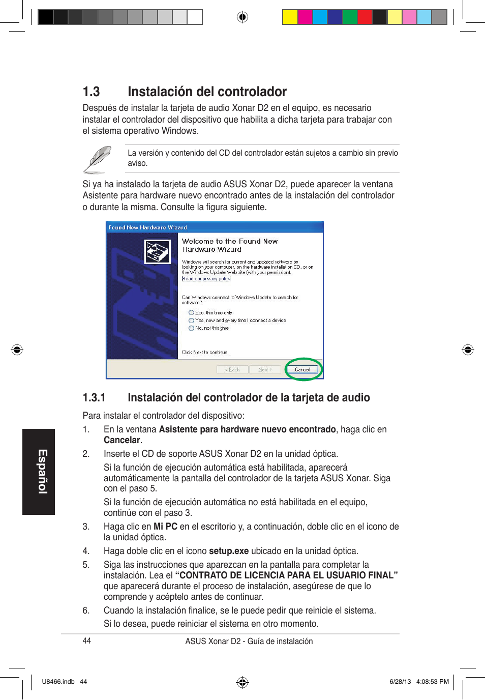 3 instalación del controlador, Español | Asus Xonar D2/PM User Manual | Page 45 / 82