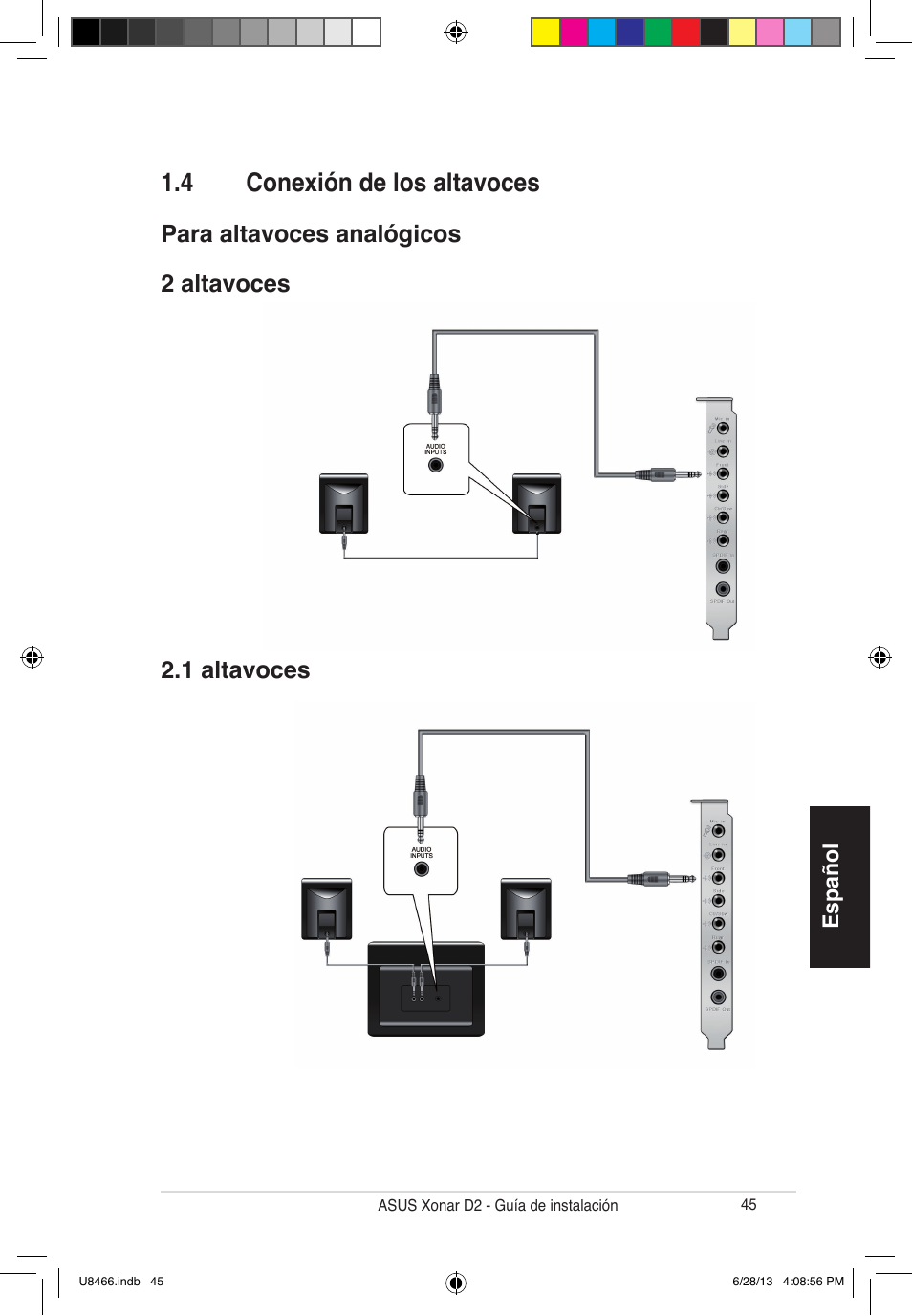 4 conexión de los altavoces | Asus Xonar D2/PM User Manual | Page 46 / 82