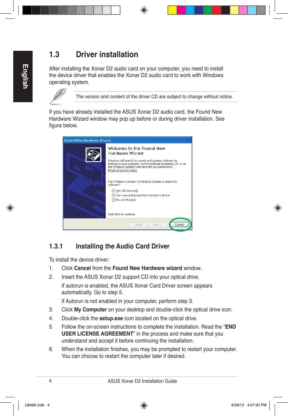 3 driver installation, English, 1 installing the audio card driver | Asus Xonar D2/PM User Manual | Page 5 / 82