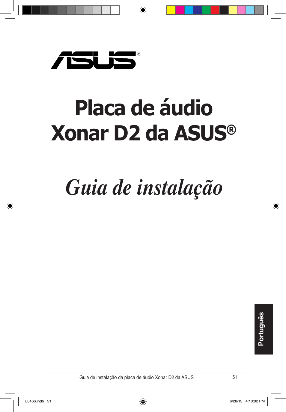 Guia de instalação, Placa de áudio xonar d2 da asus | Asus Xonar D2/PM User Manual | Page 52 / 82