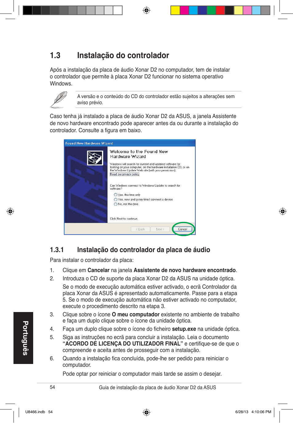 3 instalação do controlador, Português, 1 instalação do controlador da placa de áudio | Asus Xonar D2/PM User Manual | Page 55 / 82