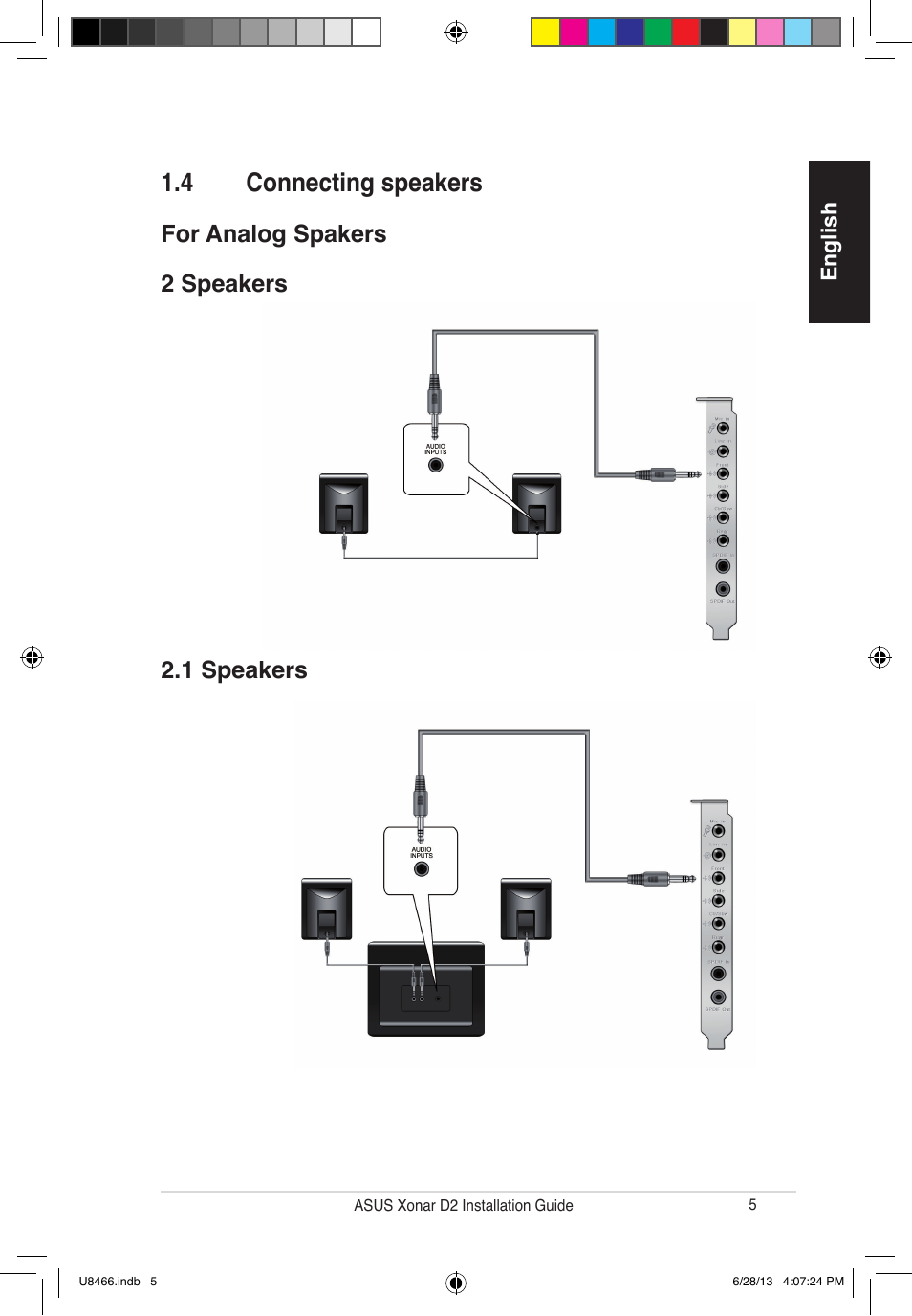 4 connecting speakers, For analog spakers 2.1 speakers 2 speakers | Asus Xonar D2/PM User Manual | Page 6 / 82