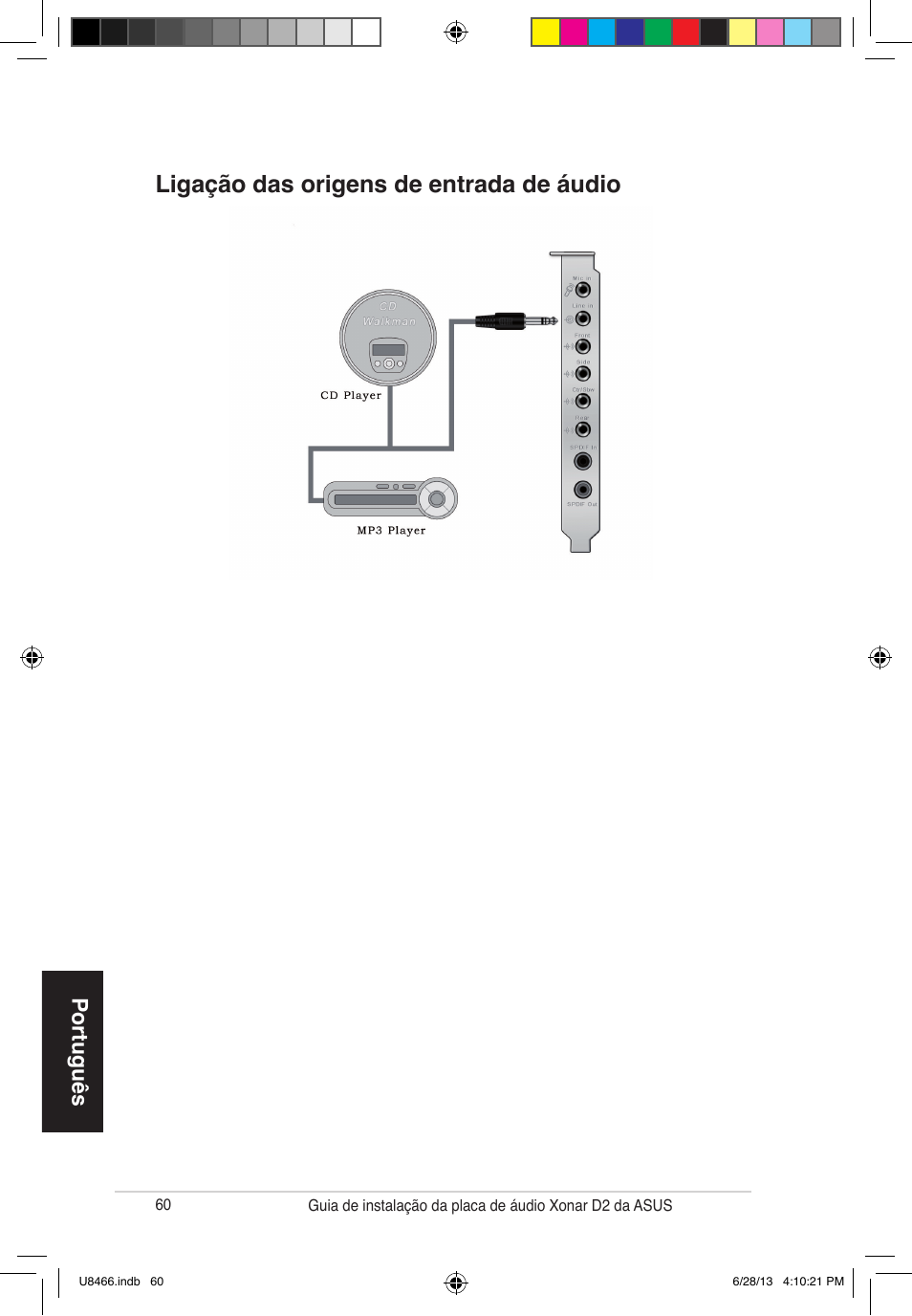 Ligação das origens de entrada de áudio, Português | Asus Xonar D2/PM User Manual | Page 61 / 82