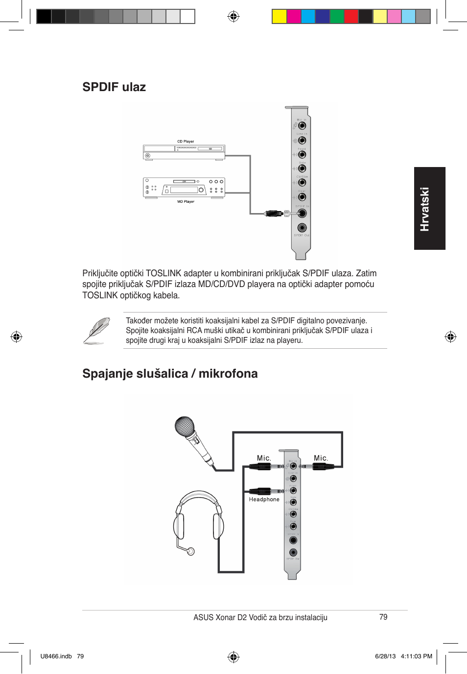 Spdif ulaz spajanje slušalica / mikrofona, Hrvatski | Asus Xonar D2/PM User Manual | Page 80 / 82